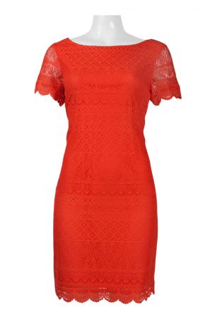 London Times Short Sleeve Scalloped Edge Crochet Lace Dress