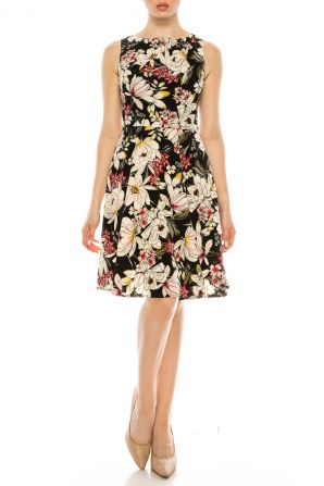 London Times Black Pink Floral Print A-Line Dress