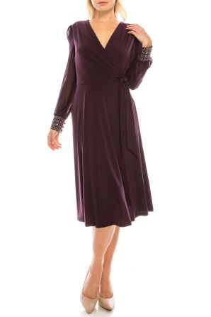 London Times Black A-Line Faux Wrap Dress with Beaded Cuffs