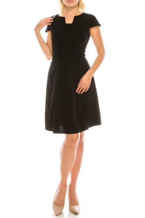 London Times Black Crepe A-Line Dress with Rectangular Split Neck