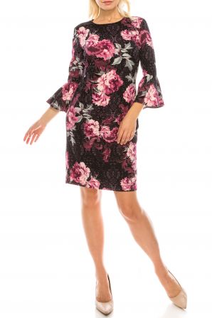 London Times Plum Black Rose Floral Printed Sheath Dress
