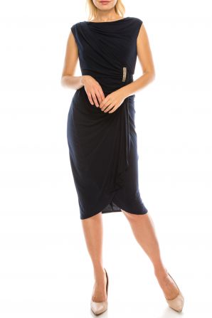 London Times Dark Navy Gathered Faux Wrap Dress with Rhinestone Detail