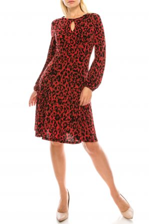 London Times Red Black Leopard Printed A-Line Dress