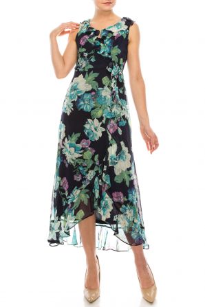 London Times Floral Print Hi-Low Midi Dress