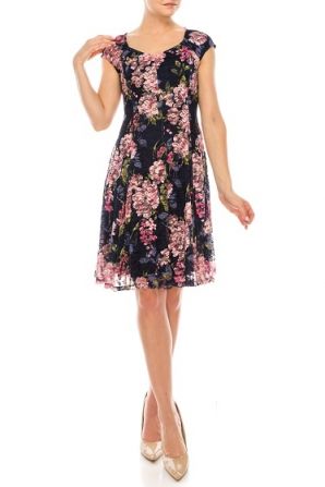 London Times Navy Rose Short Sleeve Floral Lace Dress