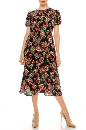 London Times Navy Red Floral Print Midi Dress