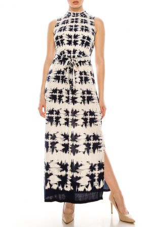 London Times Ivory Navy Tie Dye Print Sleeveless Maxi Dress