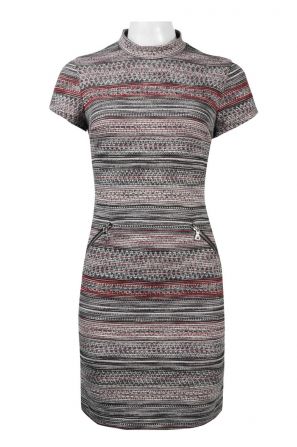 Madison Leigh High Neck Short Sleeve Zipper Back Multi Print Woven Knit Dress