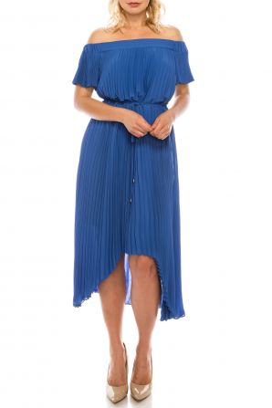 Maggy London Blue Accordian Pleated Off-the-Shoulder Dress