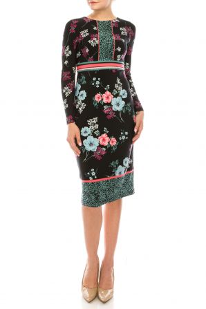 Maggy London Black Blue Rose Long Sleeve Sheath Midi Dress