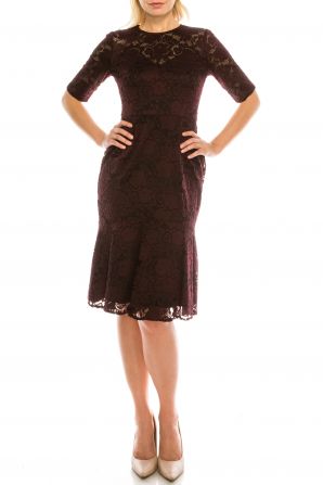 Maggy London Burgundy Lace Sheath Dress with Ruffled Hem