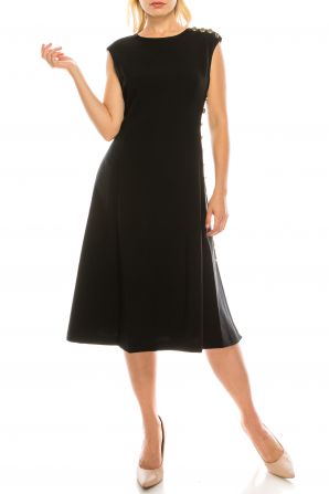 Maggy London Black A-Line Midi Dress with Side Gold Buttons