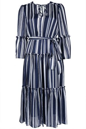 Maison Tara Metallic Stripe Bell Sleeve Dress