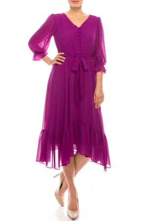 Maison Tara Ruffle 3/4 Sleeve Button V-neck A-Line Dress