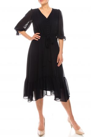 Maison Tara Ruffle 3/4 Sleeve Button V-neck A-Line Dress
