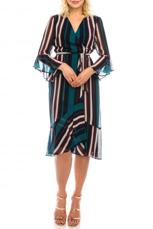 Maison Tara Navy Teal Striped Faux Wrap Dress