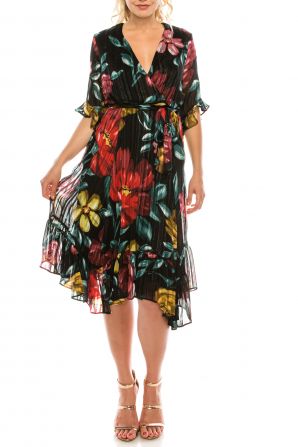 Maison Tara Floral Multi Metallic Surplice Ruffled Midi Dress
