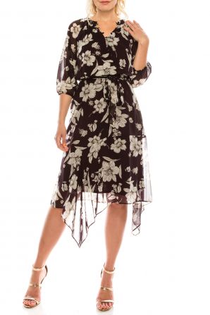 Maison Tara Plum Multi Floral Printed Midi Faux Wrap Dress