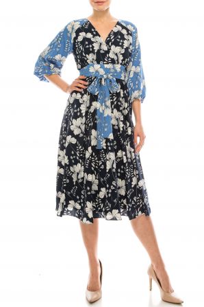 Maison Tara Navy White Dual Floral Printed A-Line Midi Dress