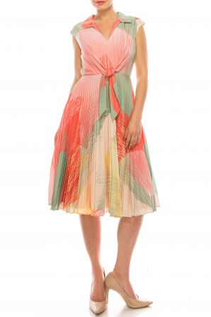 Maison Tara Sage Multi Collared Pleaded Circle Skirt Dress with Waist Tie