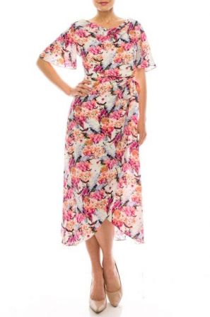 Maison Tara Ivory Pink Floral Print Dress with Flutter Sleeves