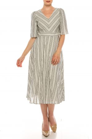 Maison Tara Ivory Black Pinstripe Midi Dress
