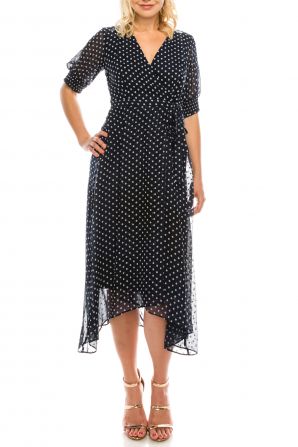 Maison Tara Navy Ivory Swiss Dot Textured Midi Dress