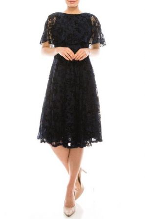 Maison Tara Navy Lace Dress with Attached Capelet