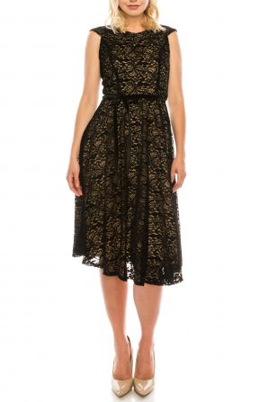 Maison Tara Black Nude Velveted Lace A-Line Dress