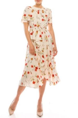 Maison Tara Blush Red Floral Dress with Flutter Sleeves