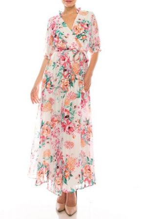 Maison Tara Ivory Multi Floral Print Maxi Dress with Ruffle Cuff Sleeves