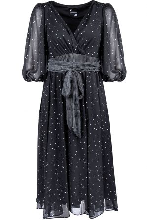 Maison Tara Elbow Sleeve Surplice Neckline Polka Dot A-Line Dress
