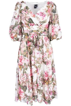 Maison Tara Floral Print Balloon Elbow Sleeve Surplice Neckline A-Line Dress