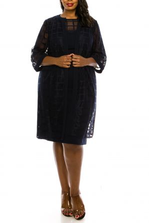 Maya Brooke Plus Size Navy Textured Window Pane Topper Jacket Dress