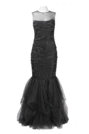 Mignon Sleeveless Illusion Neckline Beaded Bodice Mesh Trumpet Dress