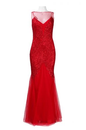 Mignon Illusion Bateau Neckline Sequined Pattern Long Mesh Trumpet Dress