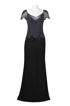 Mignon Illusion Mesh Sleeve Mixed Bead Detail Two Tone A-Line Jersey Dress