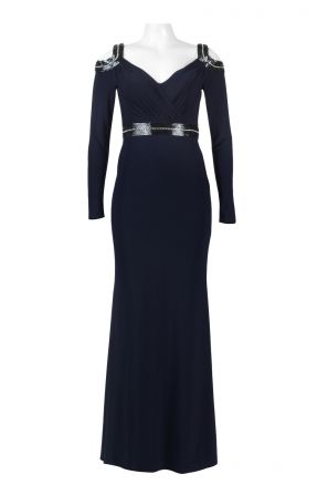 Mignon V-Neck Cutout Shoulder Long Sleeve Embellished Zipper Back Bodycon Jersey Dress