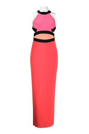 Mignon Halter Neckline Open Back Multi Color Block Jersey Ankle Length Dress