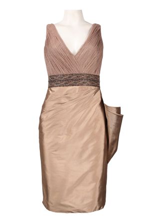 V-Neck Mesh Bodice Embellished Waist Tafetta Sheath Dress