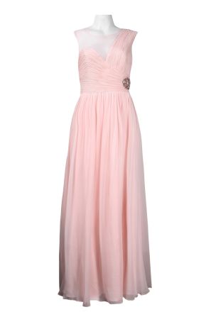 Illusion Asymmetrical Shoulder Brooch Detail A-Line Silk Chiffon Dress