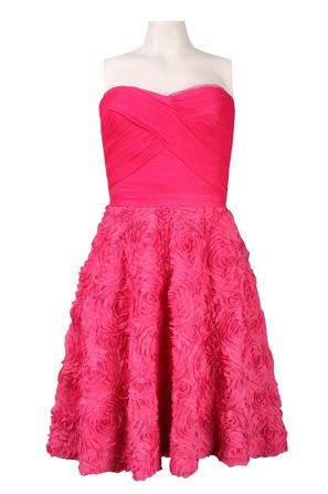 Strapless Criss Cross Front Rosette Applique Mesh Dress