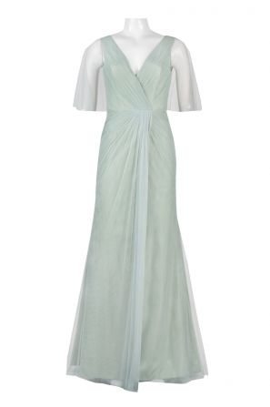 V-Neck Ruched Gathered Zipper Back Cap Sleeve Mesh Dress