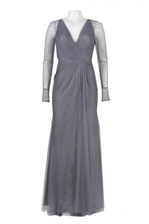 V-Neck Ruched Gathered Long Sleeve Zipper Back Mesh Dress