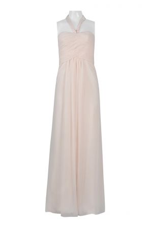 Monique Lhuillier Halter Neck Zipper Back Crossed Front Ruched Solid Chiffon Dress