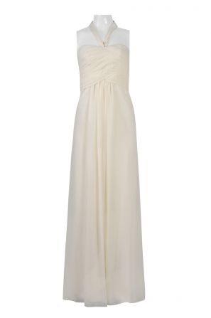 Monique Lhuillier Halter Neck Zipper Back Crossed Front Ruched Solid Chiffon Dress