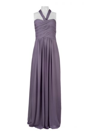 Monique Lhuillier Halter Neck Zipper Back Crossed Front Ruched Solid Chiffon Dress