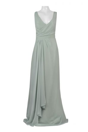 Monique Lhuillier V-Neck Sleeveless Pleated Ruched Zipper Back Flutter Solid Chiffon Dress