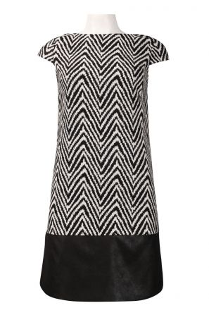 Muse Chevron Pattern Faux Leather Hem Tweed Shift Dress