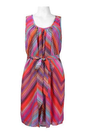 Muse U-Shaped Neck Pleated Front Bow Tie Belt Multi Print Chiffon Dress